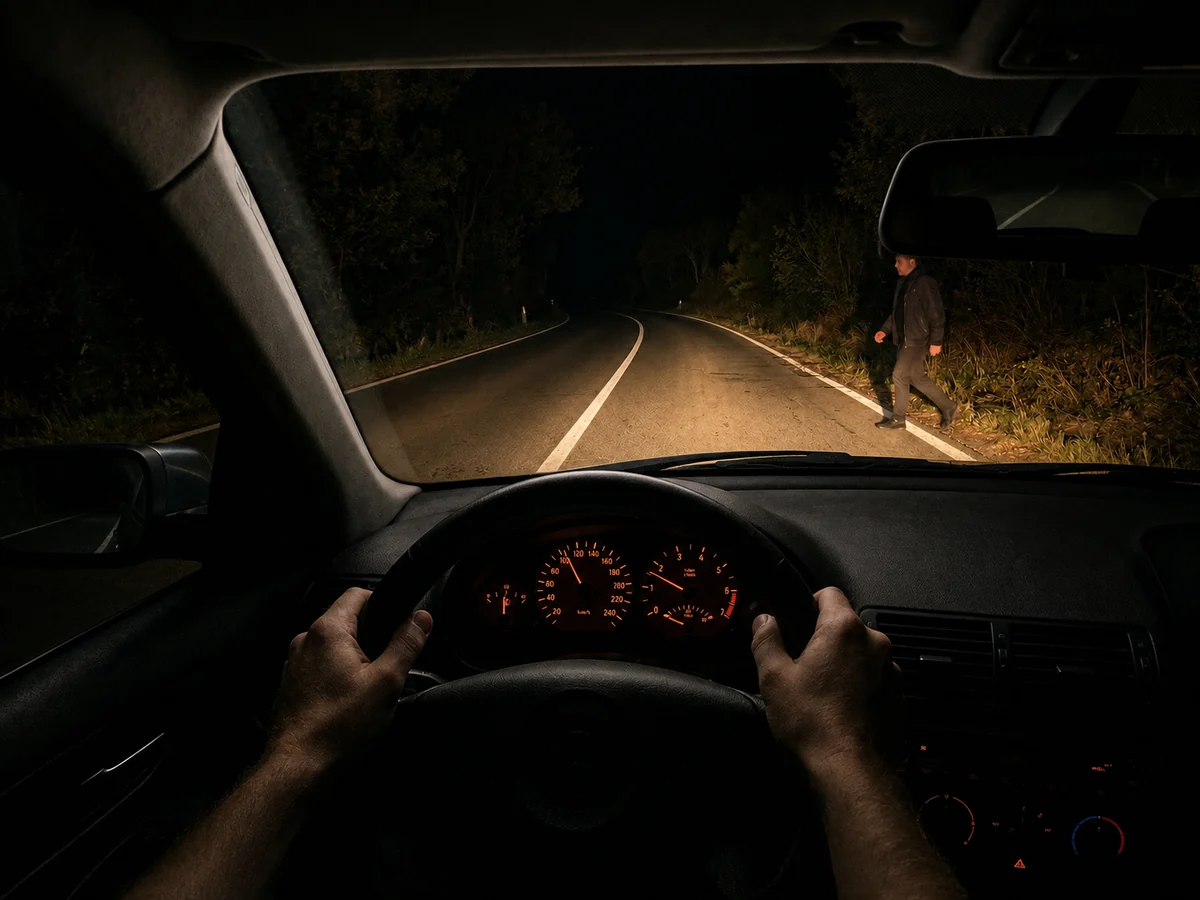 Vista notturna dalla posizione di guida di un’autovettura, con un pedone sulla carreggiata